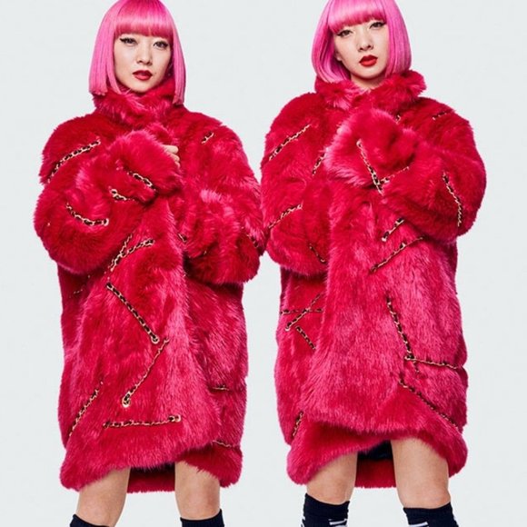 MOSCHINO [TV] H&M Faux Fur Coat Jacket Cerise